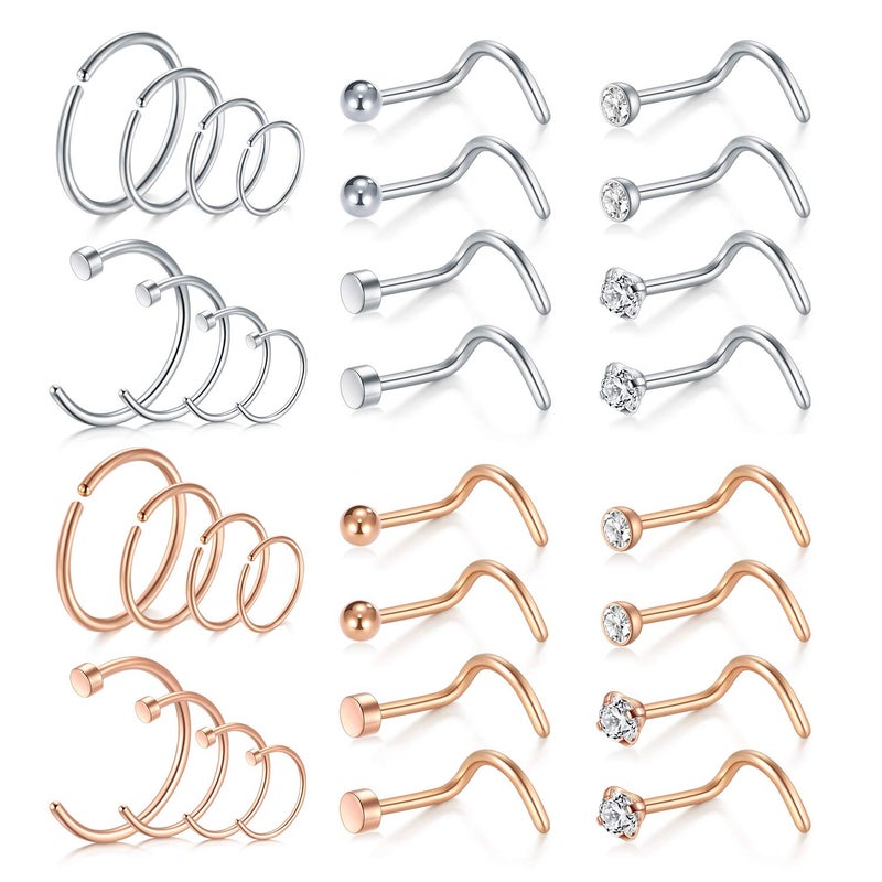 Mayhoop 20g Nose Rings Hoops And Studs For Women Men - Hypoallergenic 316L Surgical Stainless Steel L Shape Nose Screw Bone Silver Rose Gold Black Rainbow Pack 28Pcs - Image 1
